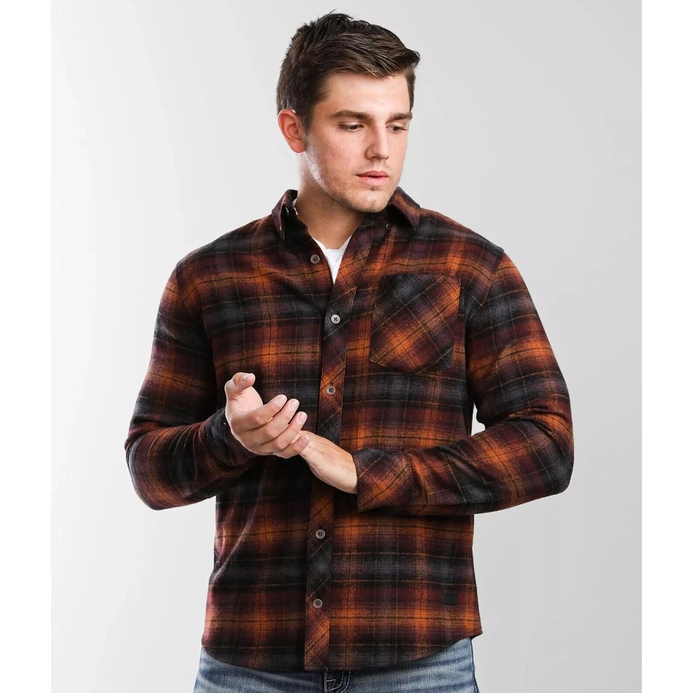 Outpost Makers Flannel Shirt Mens L Orange Plaid Long Sleeve Rugged Cabin Core